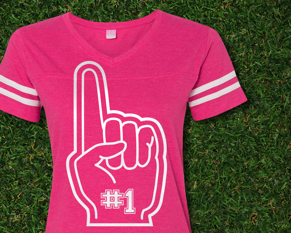 Pink sports shirt with a foam finger design that has a "#1" on it.