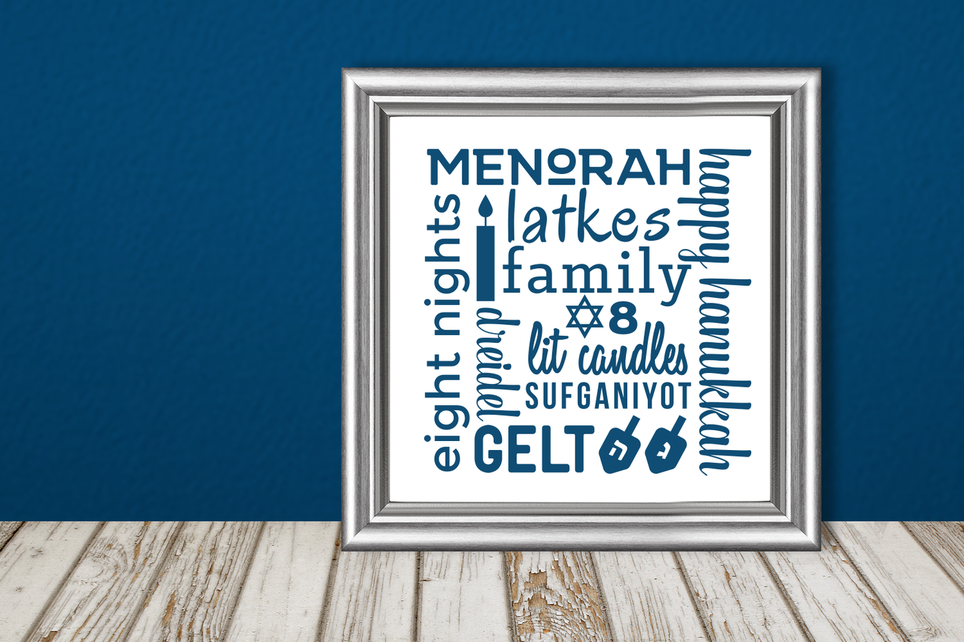 Square subway word art design featuring words and symbols related to Hanukkah.
