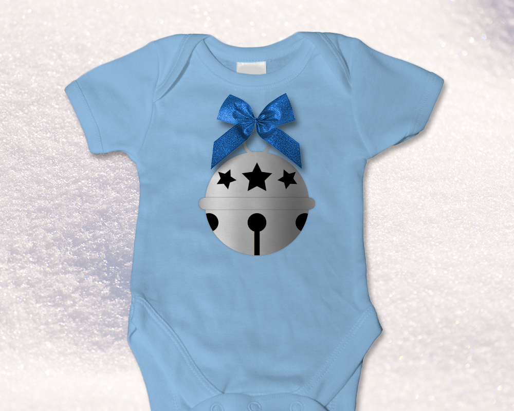 A blue onesie with a silver round Christmas bell. A real bow is at the top of the bell.