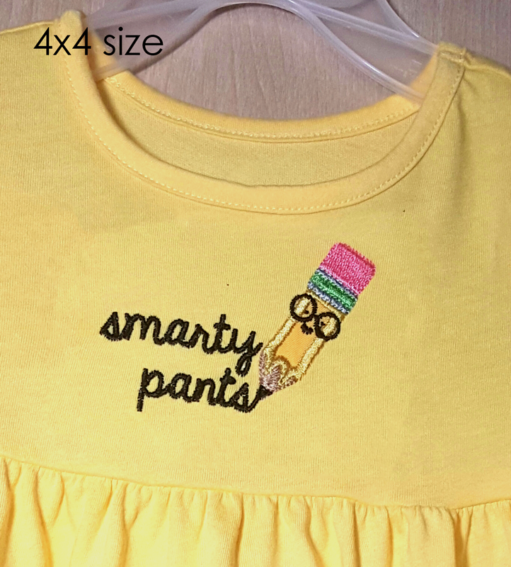 Nerdy pencil applique with the embroidered text "smarty pants"
