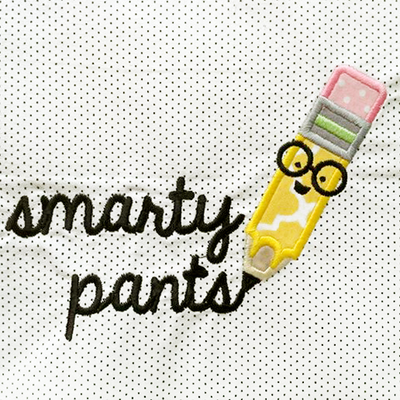 Nerdy pencil applique with the embroidered text "smarty pants"