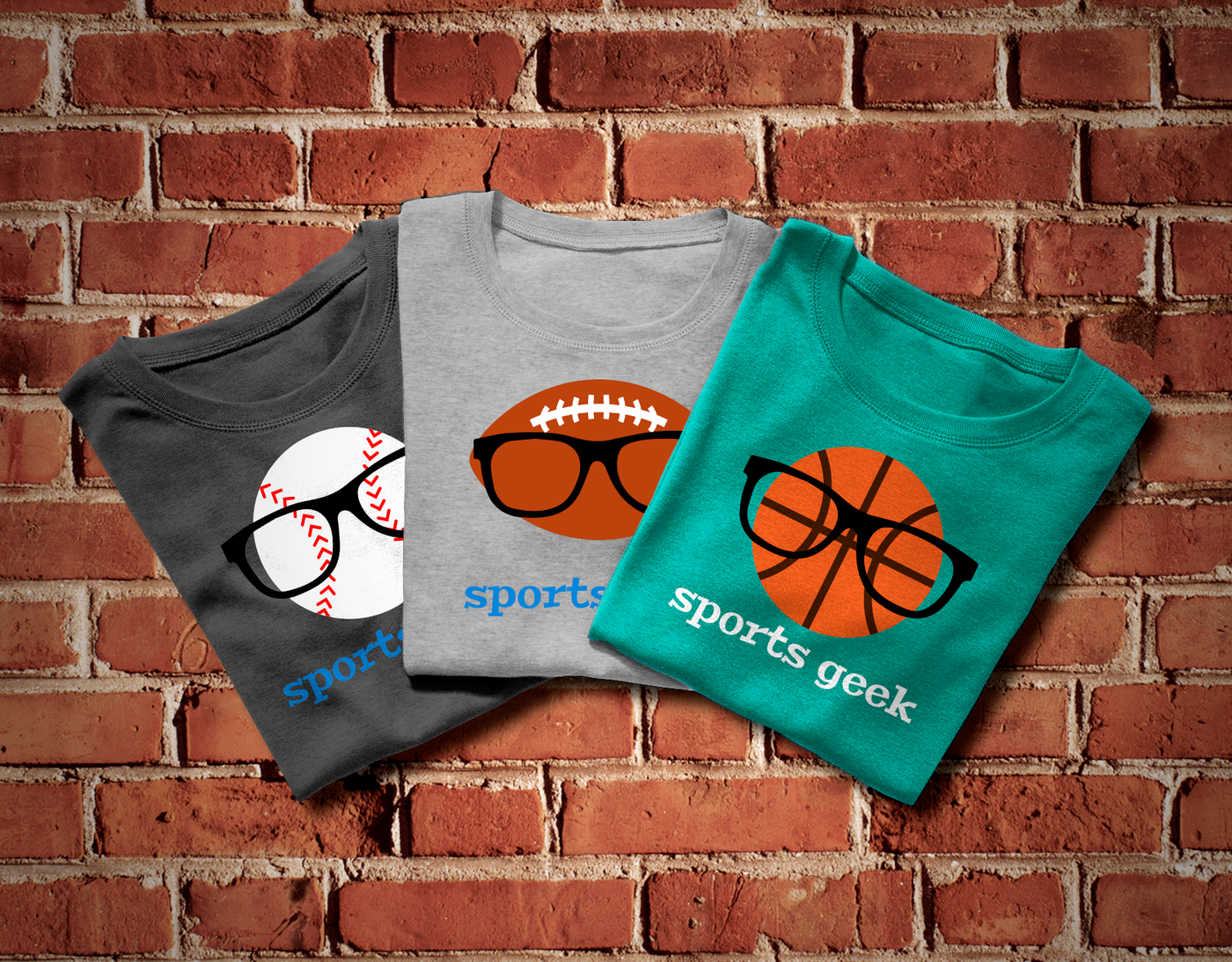 Sports geek designs with a baseball, football, or basketball wearing geek glasses