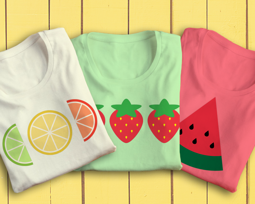 Set of fruit designs. Includes sliced citrus, strawberry, and watermelon wedge