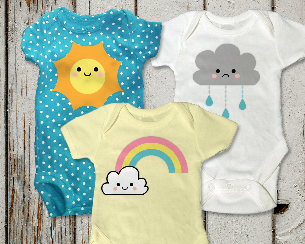 Trio of designs featuring a sad rain cloud, happy sun, and happy rainbow cloud