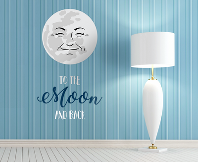 Room with blue wallpaper and a wall design that says "to the Moon and back" with a large man in the moon above.