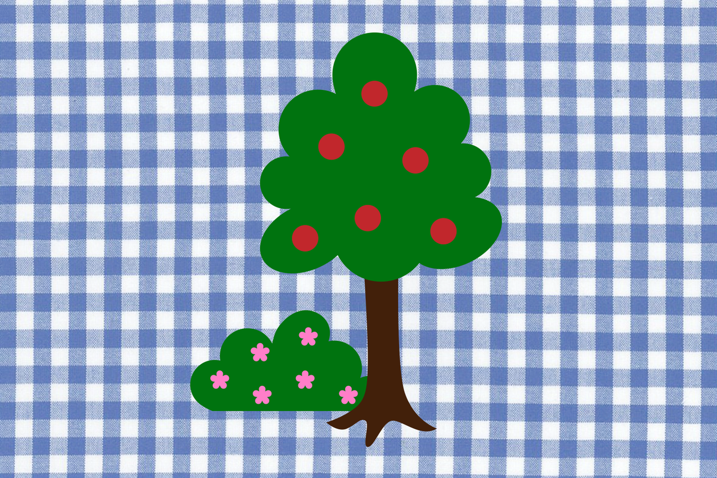 A paper fruit tree and shrub with flowers.
