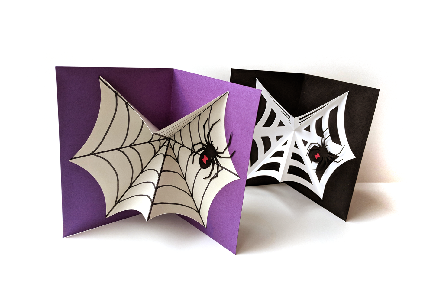 Two open pop up cards on a white background.  Both have a pop up web with a black widow spider crawling on it.