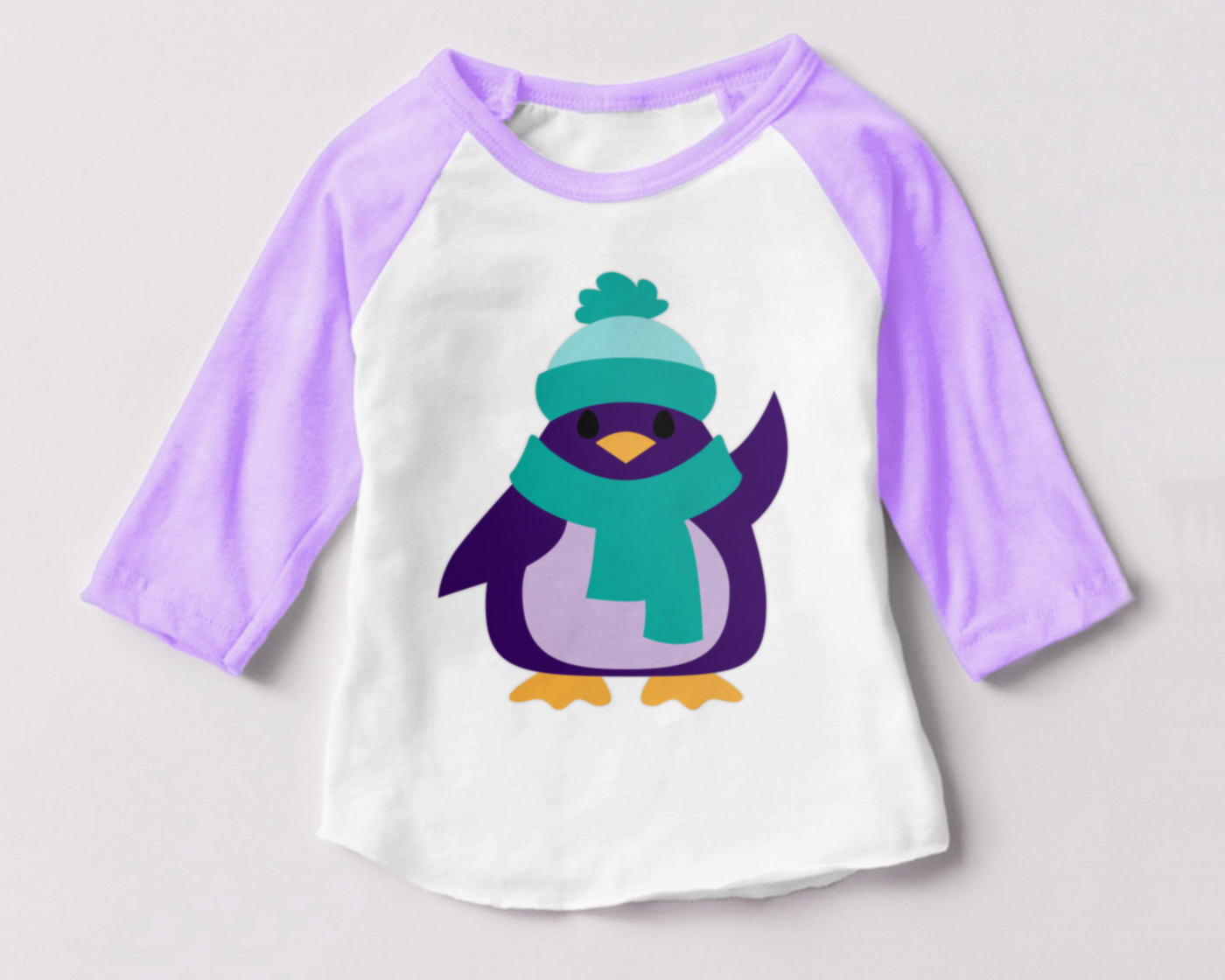 Waving penguin design wearing a hat and scarf