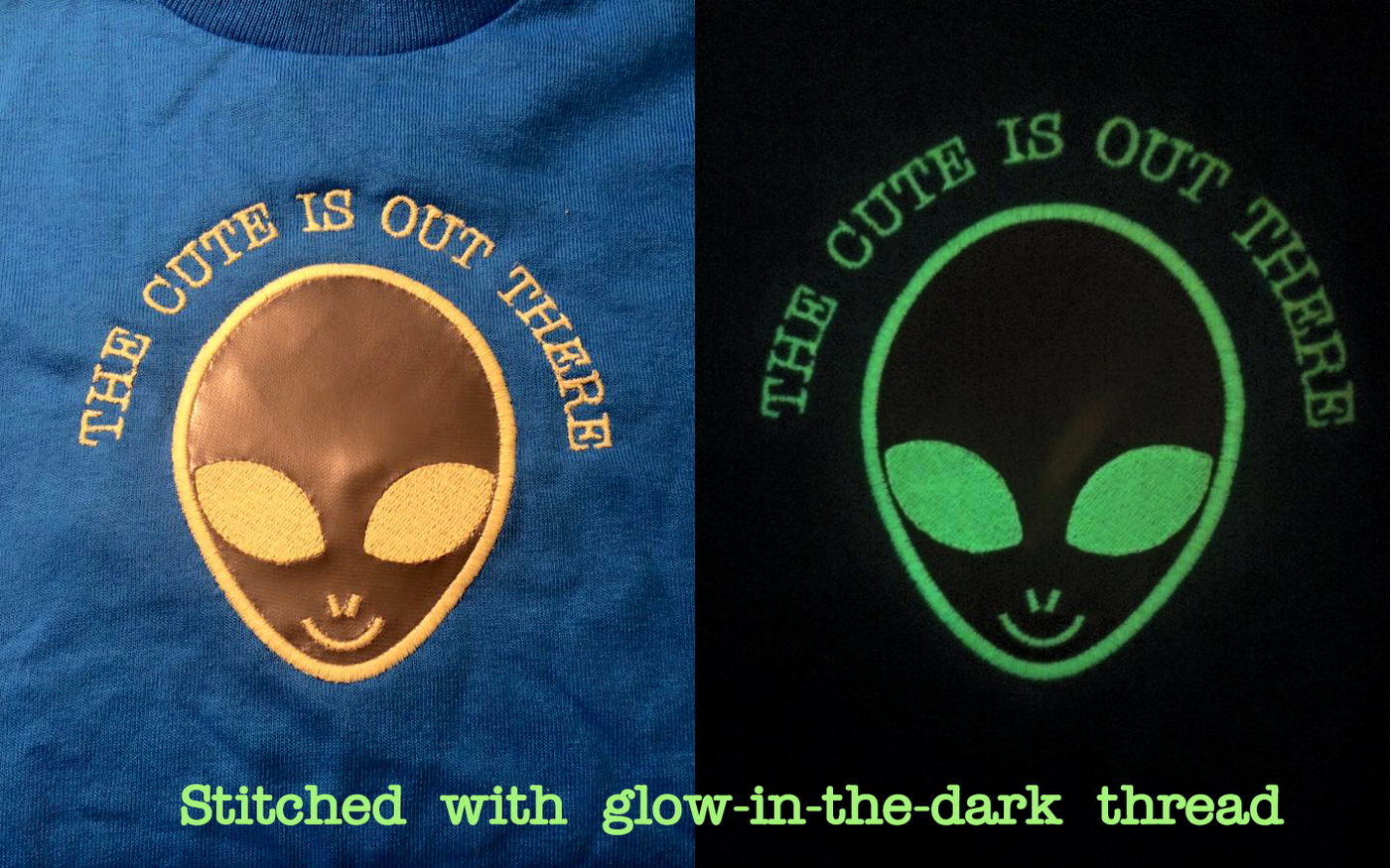 Alien applique with the words "The cute is out there"