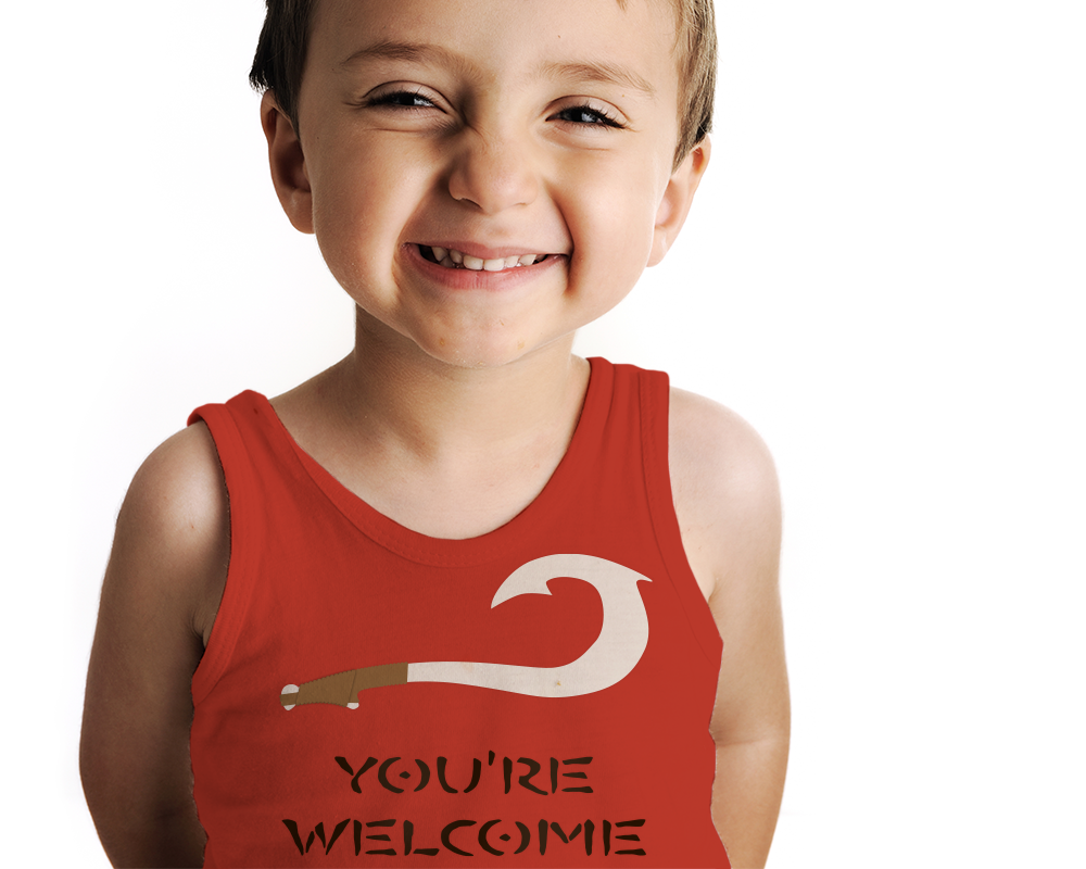 White little boy in a red tank top with a fish hook design that says "you're welcome"